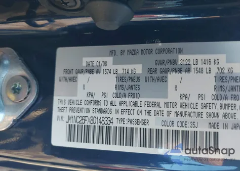 2008 Mazda Mx-5 Sport z USA, uszkodzony, nr VIN JM1NC26FX80148334